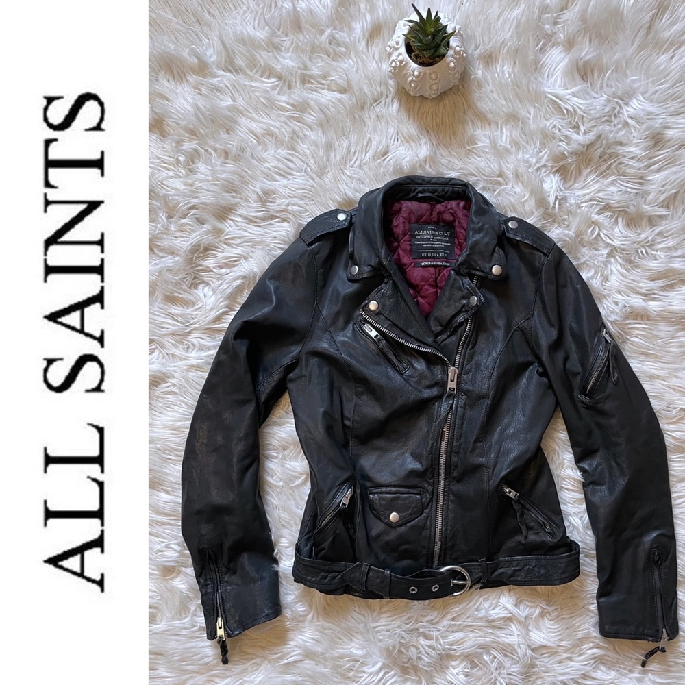 All Saints Spitalfields Valley Biker Black Leather Moto Jacket Size 6